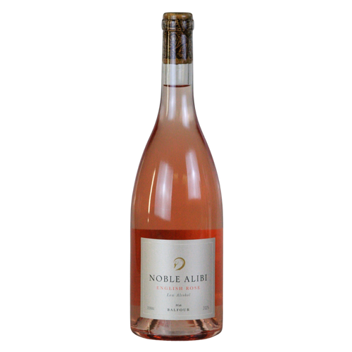 A bottle of Noble Alibi Rosso wine with a pale pink liquid, a white label with gold lettering, and a dark brown foil cap, isolated on a white background.