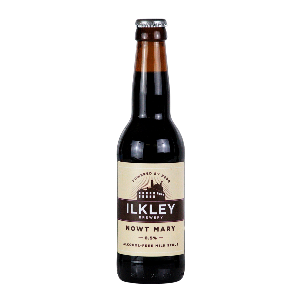 Ilkley Brewery Nowt Mary non-alcoholic milk stout bottle on a white background