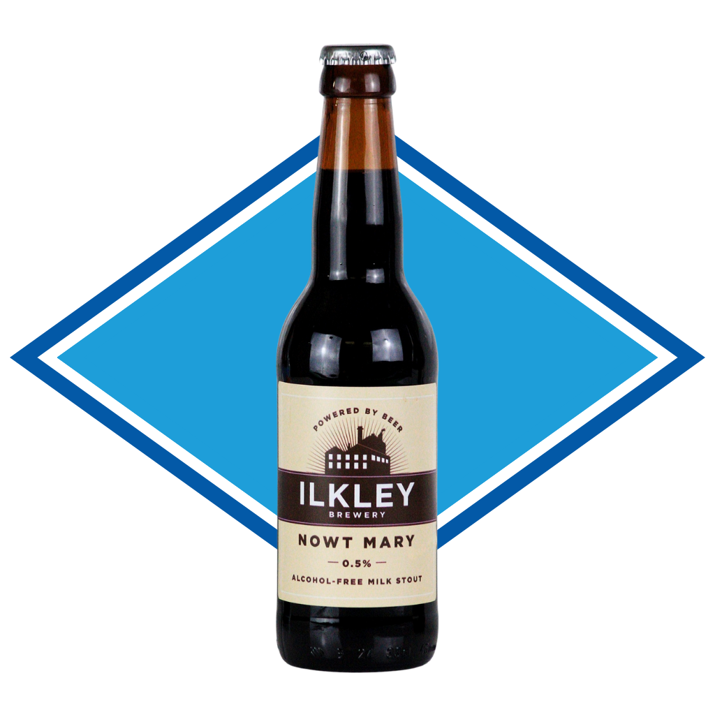 Bottle of Ilkley Brewery Nowt Mary on a white background with a blue diamond shape.