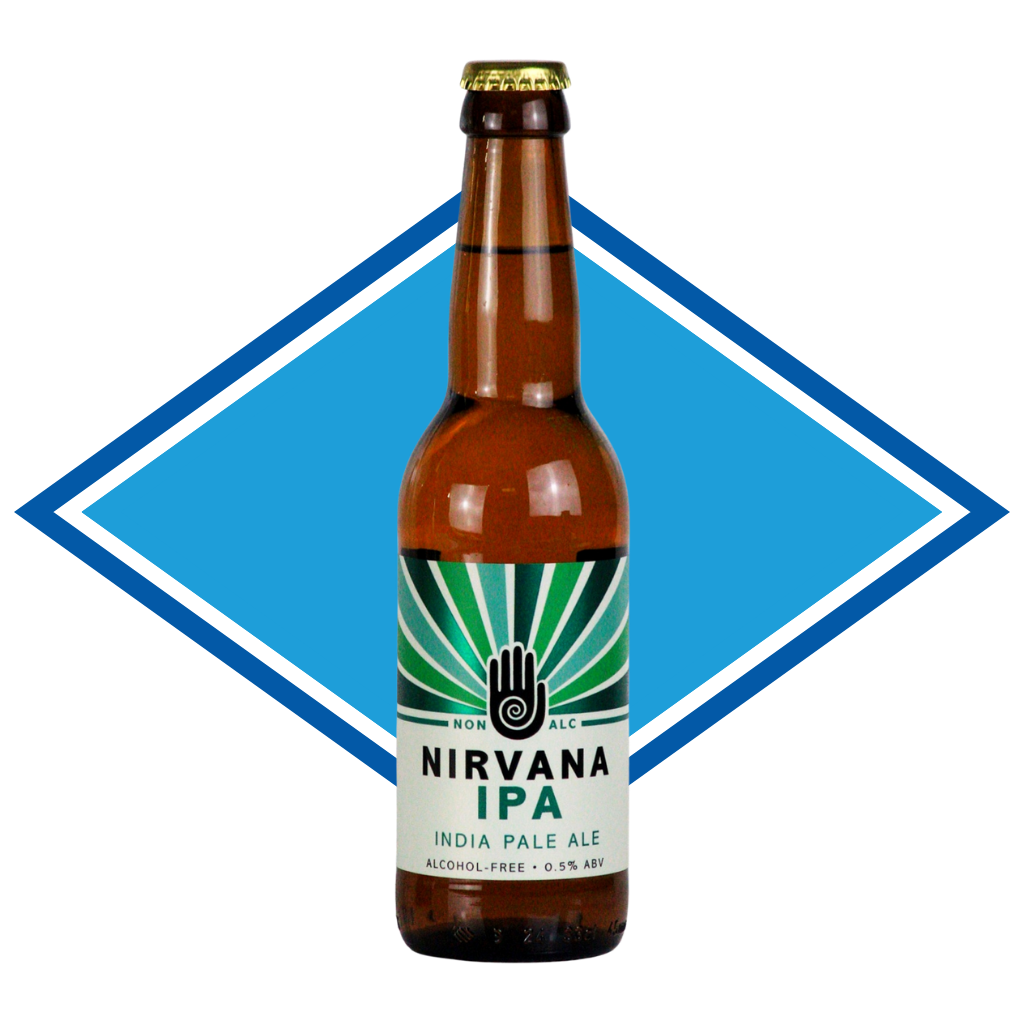 Nirvana IPA bottle with a blue diamond shape behind it