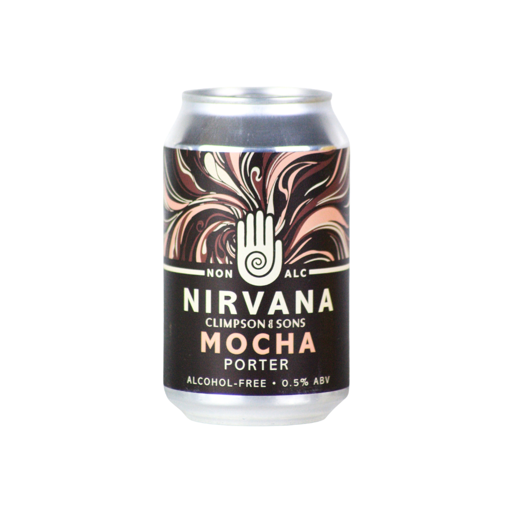Nirvana Mocha Porter non-alcoholic beer can on a white background. Made in collaboration with Climpson & Sons coffee roasters