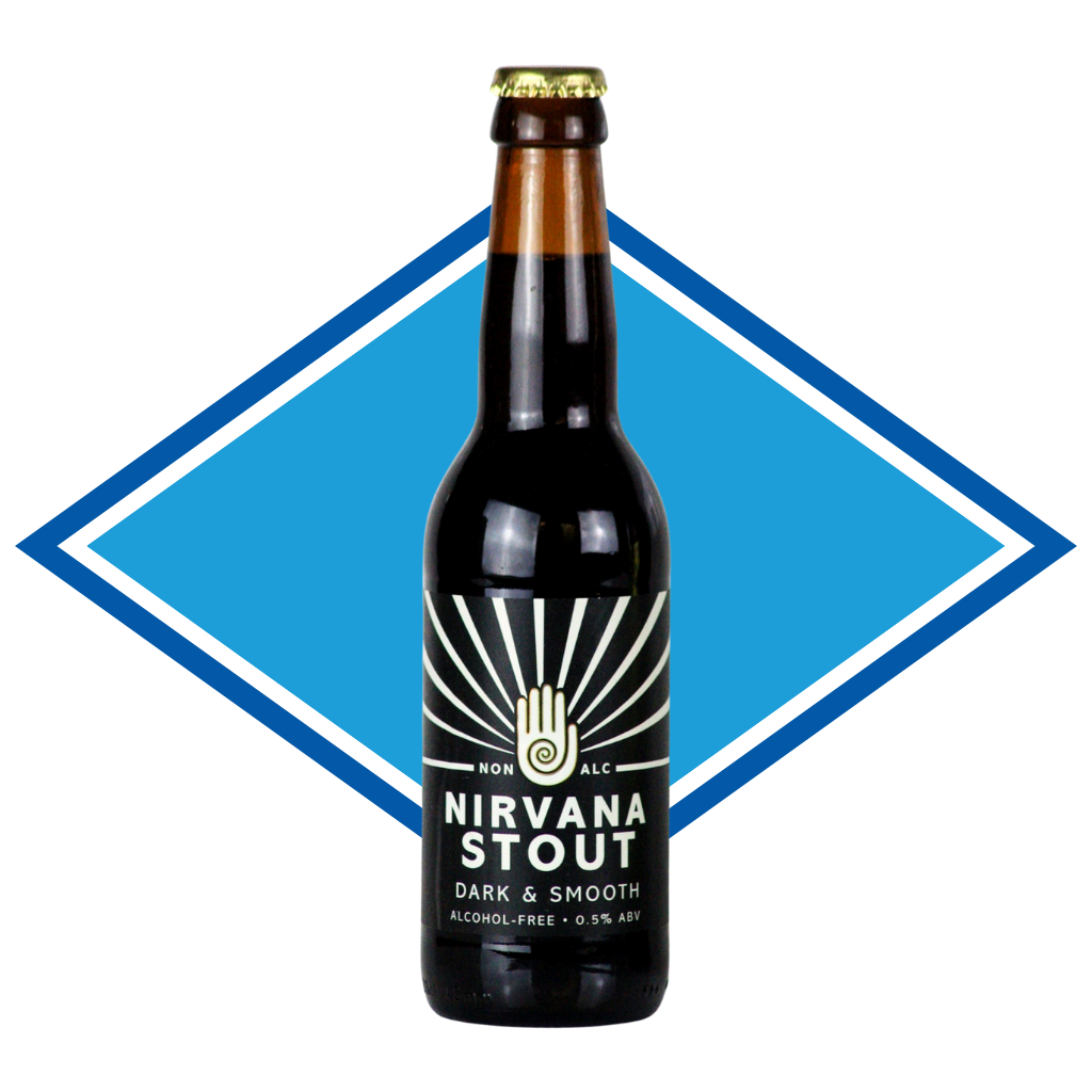 Nirvana Stout bottle with a blue and white diamond shape in the background
