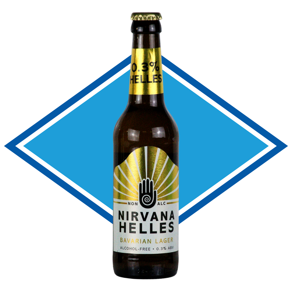 Nirvana Helles beer bottle with a blue diamond shape in the background