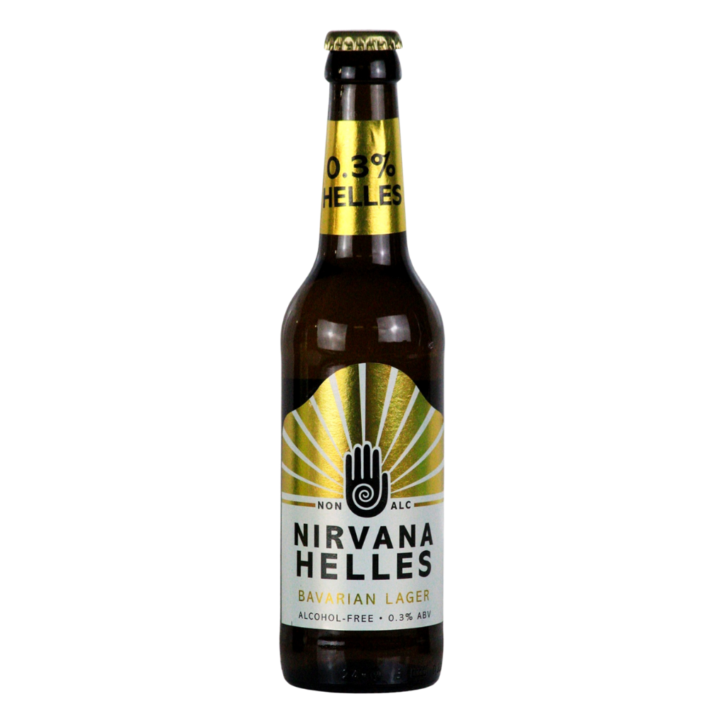 Nirvana Helles alcohol free Lager bottle on a white background. It has a gold foil around the neck with 0.3% ABV printed on it.