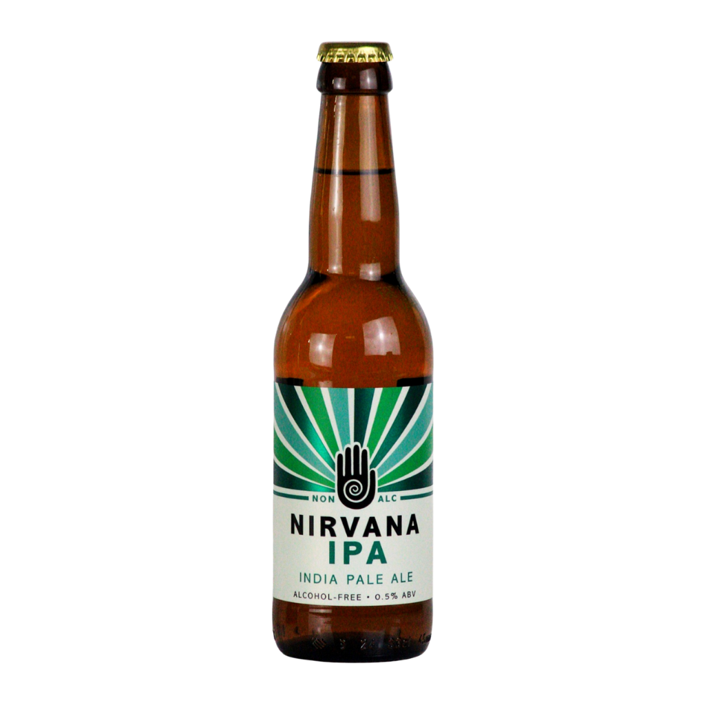 Nirvana IPA beer bottle with a green and white label on a white background. Nirvana Logo in Black with IPA in Green