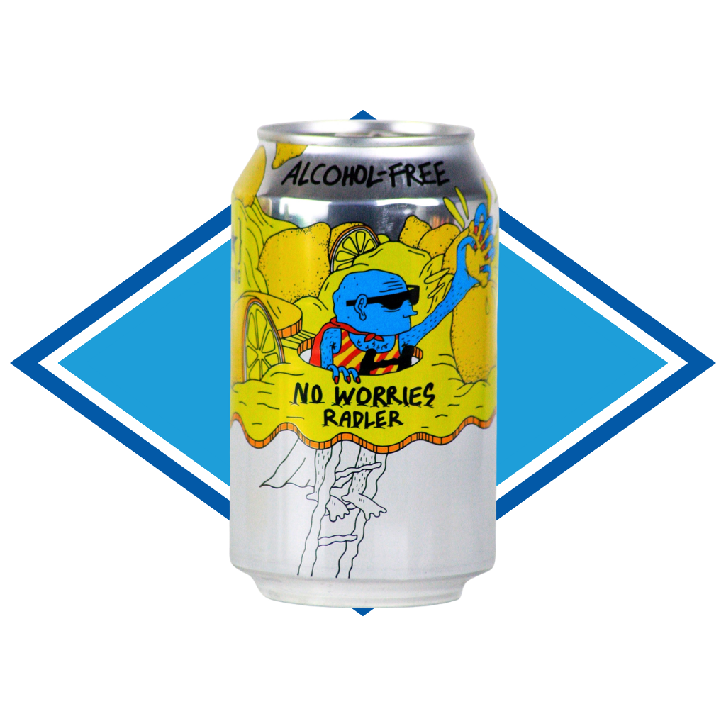 Alcohol-free lemon Radler can with cartoon character design on a white background