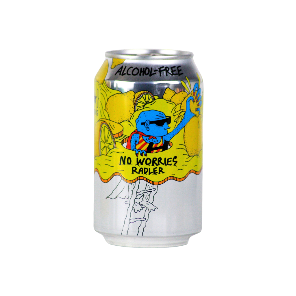 No Worries Alcohol Free Lemon Radler 330ml can with Lemons and a cartoon character and text on a white background