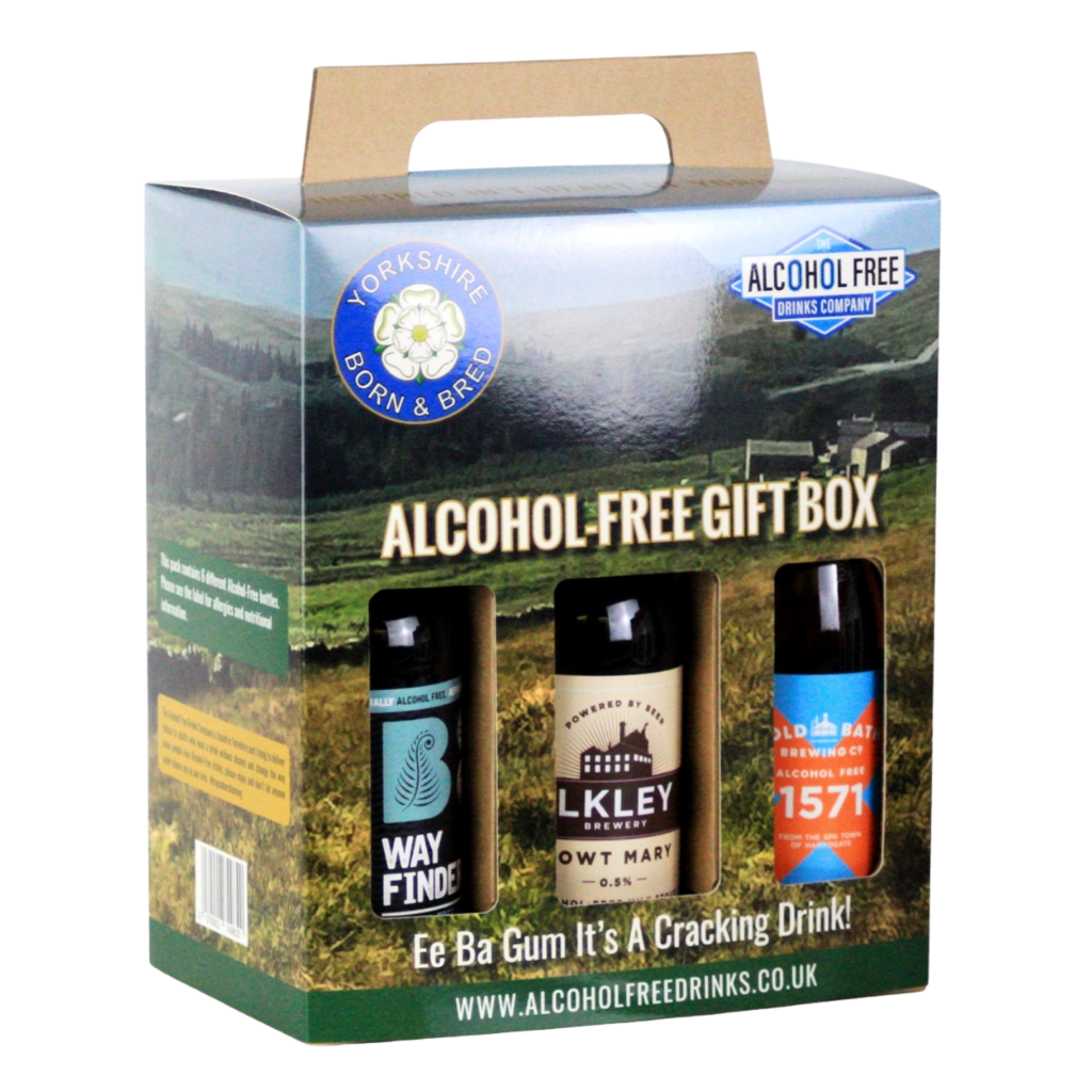 Alcohol-free gift box with three bottles on a scenic Yorkshire background