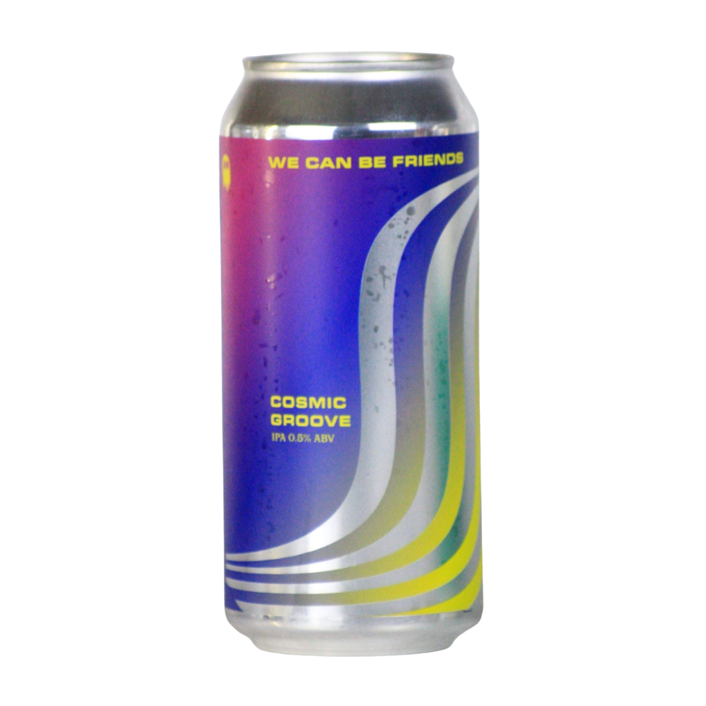 A Can of We Can Be Friends Cosmic Groove. The can features a colorful label with a purple-to-pink gradient, bold yellow text reading 'WE CAN BE FRIENDS' and 'COSMIC GROOVE', and curved white and yellow graphic linen