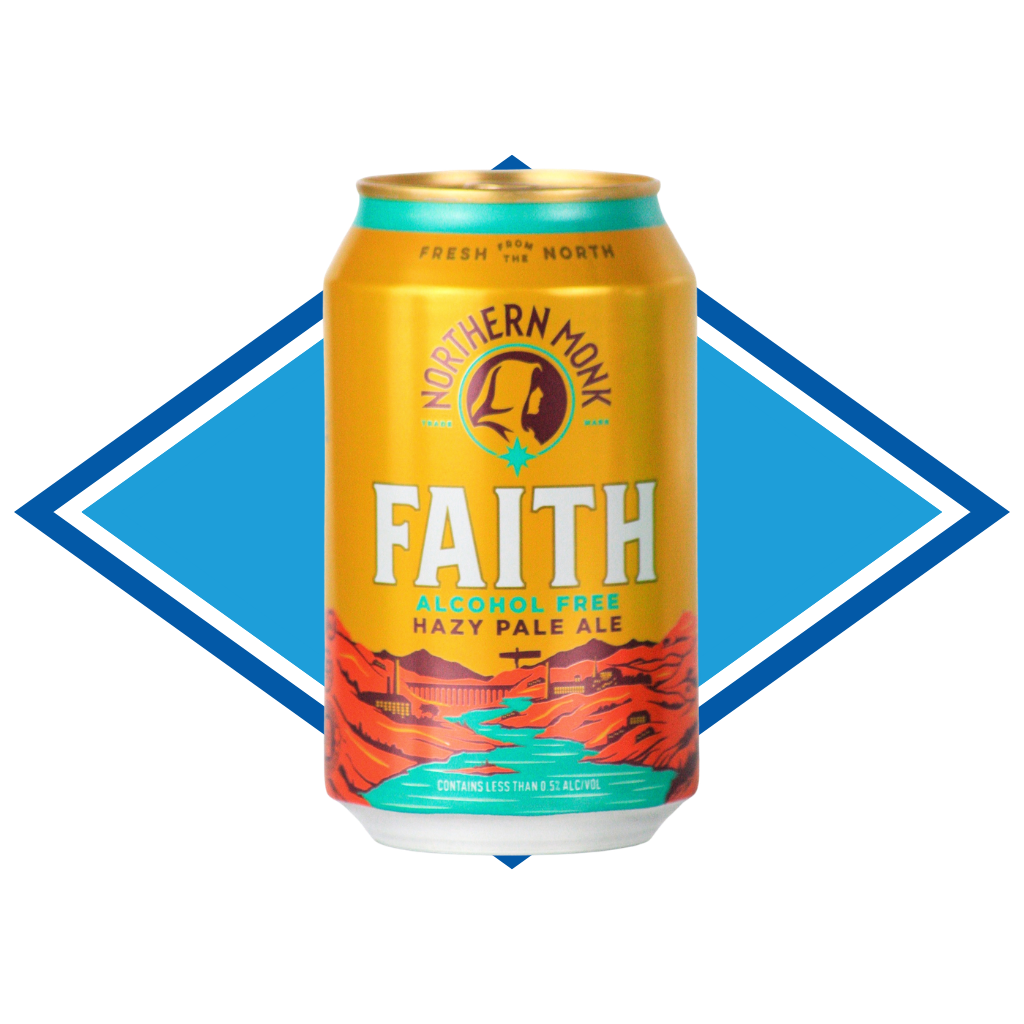 Can of Northern Monk Faith Alcohol Free Hazy Pale Ale with a blue diamond shape behind it.