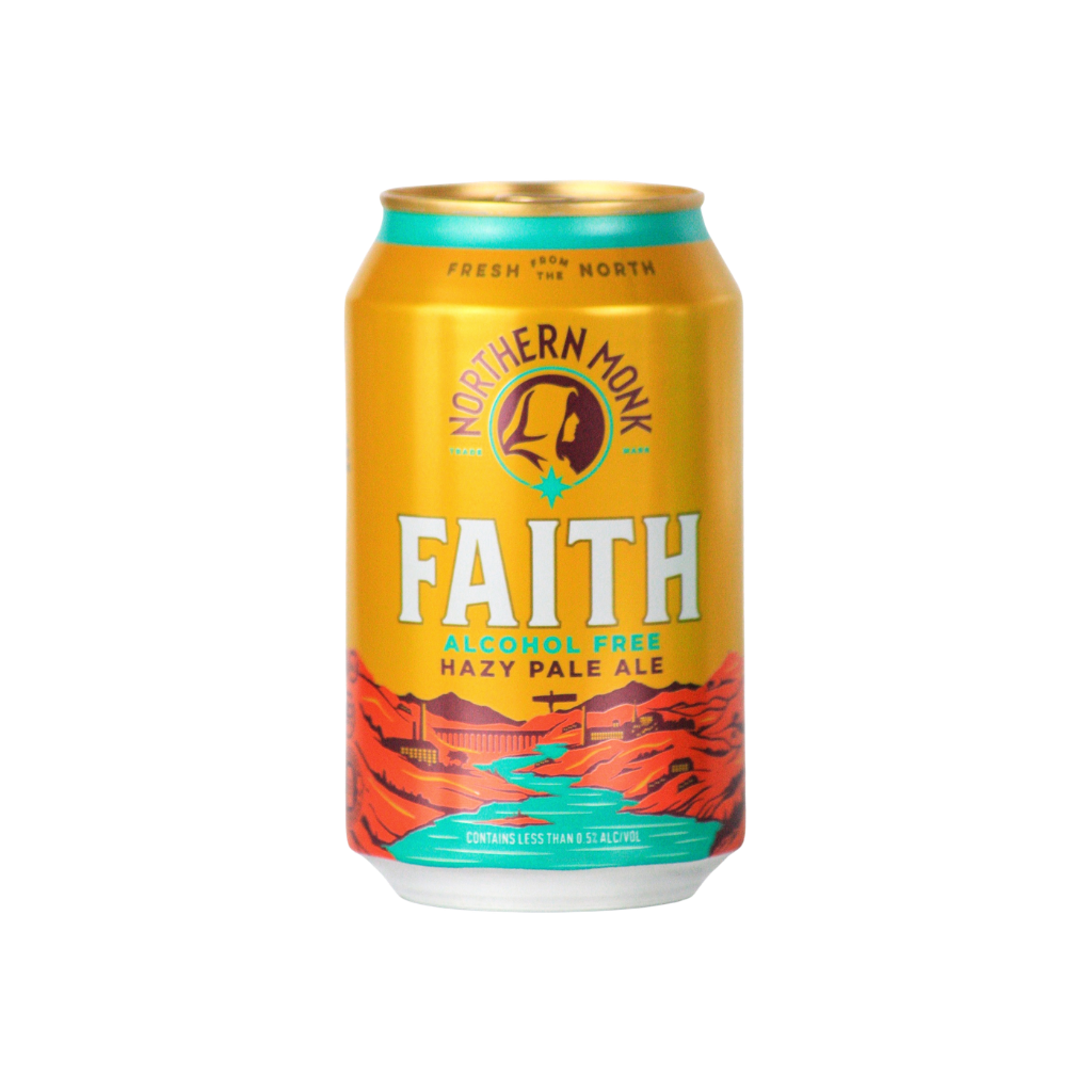 yellow Can of Northern Monk Faith alcohol-free hazy pale ale on a white background