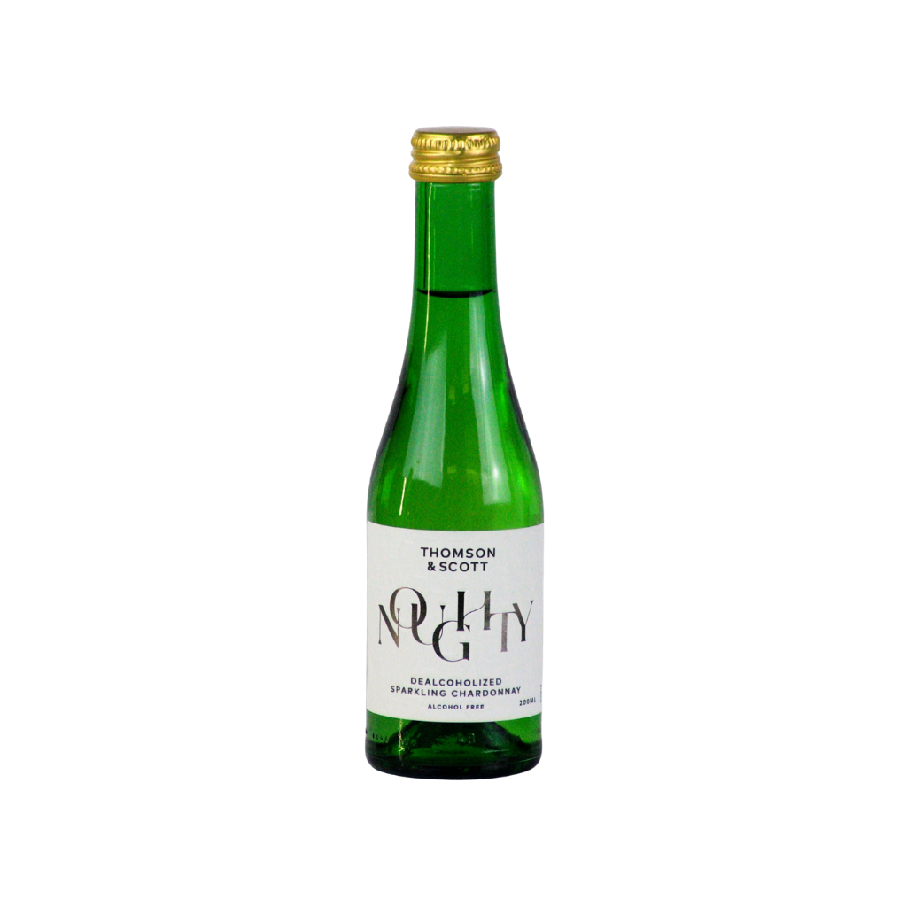 Green bottle of Noughty Alcohol Free Sparkling White Wine 20cl with gold cap on a white background