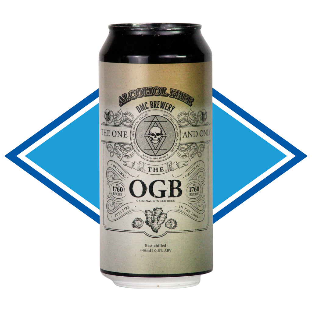 Can of Original Ginger Beer in front of the Alcohol Free Drinks Company blue diamond.