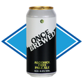 A single aluminum can of Once Brewed Alcohol Free Pale Ale centered on a white background with a blue diamond graphic behind it. The can label is split diagonally with white on the upper half and black on the lower half, with the brand name 'ONCE BREWED' in large black letters and yellow-green text reading 'ALCOHOL FREE PALE ALE' near the bottom.