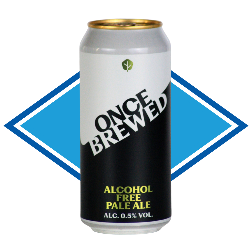 A single aluminum can of Once Brewed Alcohol Free Pale Ale centered on a white background with a blue diamond graphic behind it. The can label is split diagonally with white on the upper half and black on the lower half, with the brand name 'ONCE BREWED' in large black letters and yellow-green text reading 'ALCOHOL FREE PALE ALE' near the bottom.
