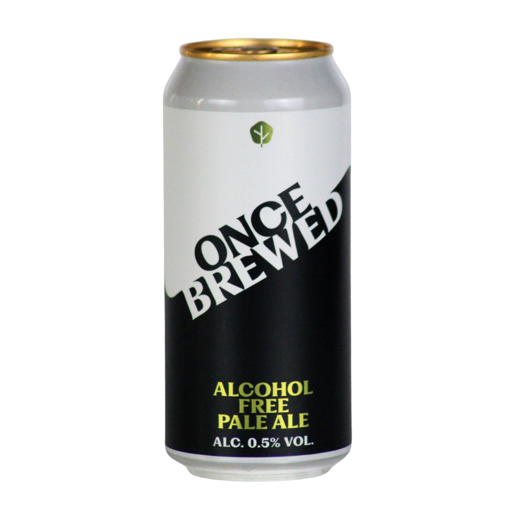 A single aluminum can of Once Brewed Alcohol Free Pale Ale on a plain white background. The can features a white upper section with a small green leaf logo and a black lower section with the words 'ONCE BREWED' in large diagonal letters and 'ALCOHOL FREE PALE ALE' in yellow-green text.