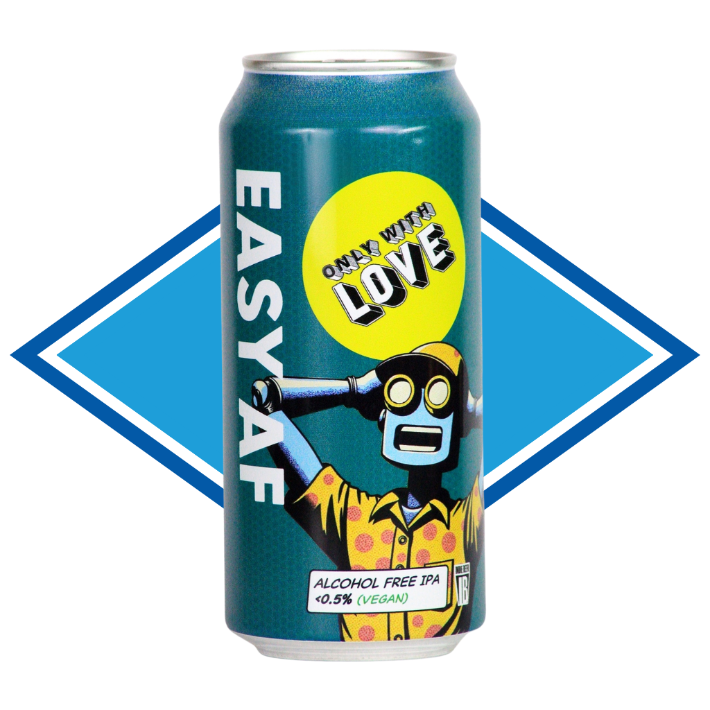 Can of Easy AF in front of the Alcohol Free Drinks Company blue diamond. 