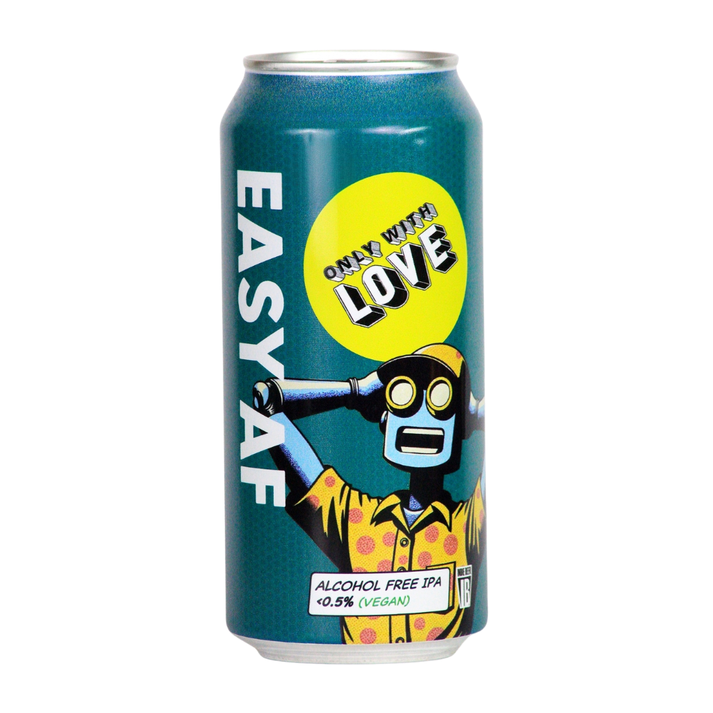 Alcohol-free IPA can with a robot illustration and 'Only with Love' text on a blue background