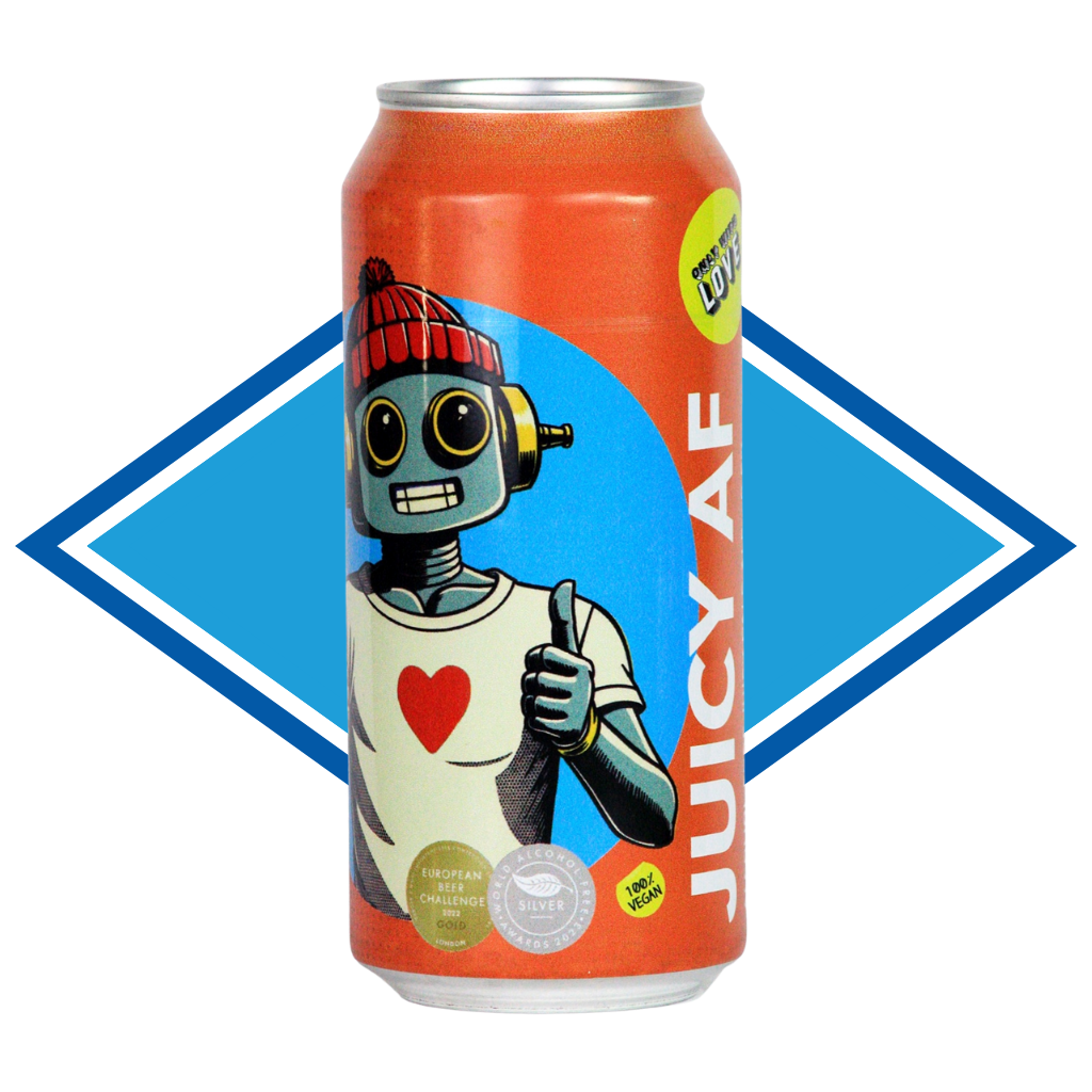 Can of Juicy AF in front of the Alcohol Free Drinks Company blue diamond. 