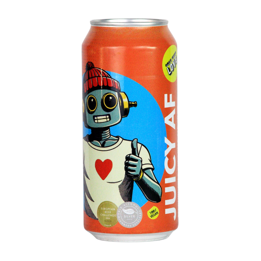 Juicy AF beer can with robot illustration on an orange background