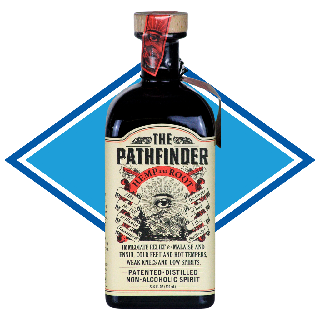 Bottle of 'The Pathfinder' a non alcoholic spirit with a decorative label on a blue and white background