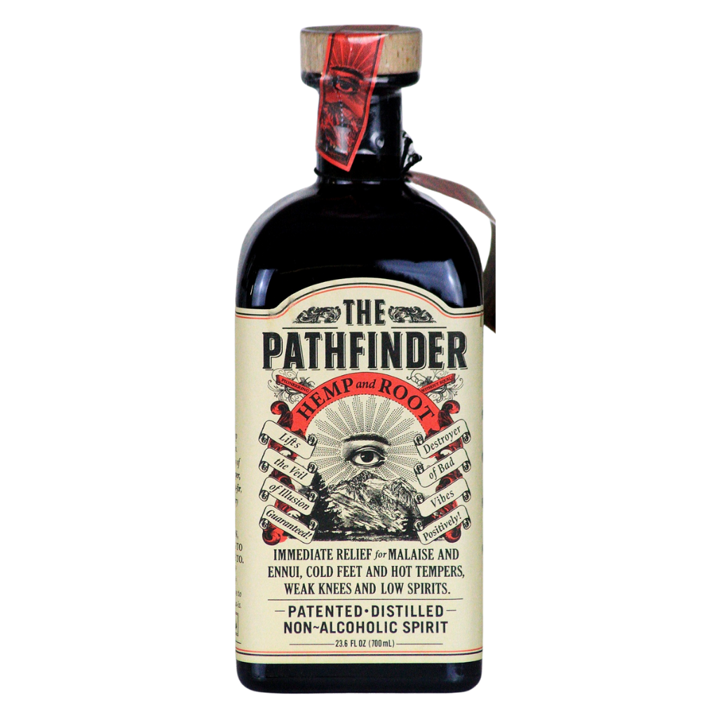 Bottle of 'The Pathfinder' with a decorative label on a white background
