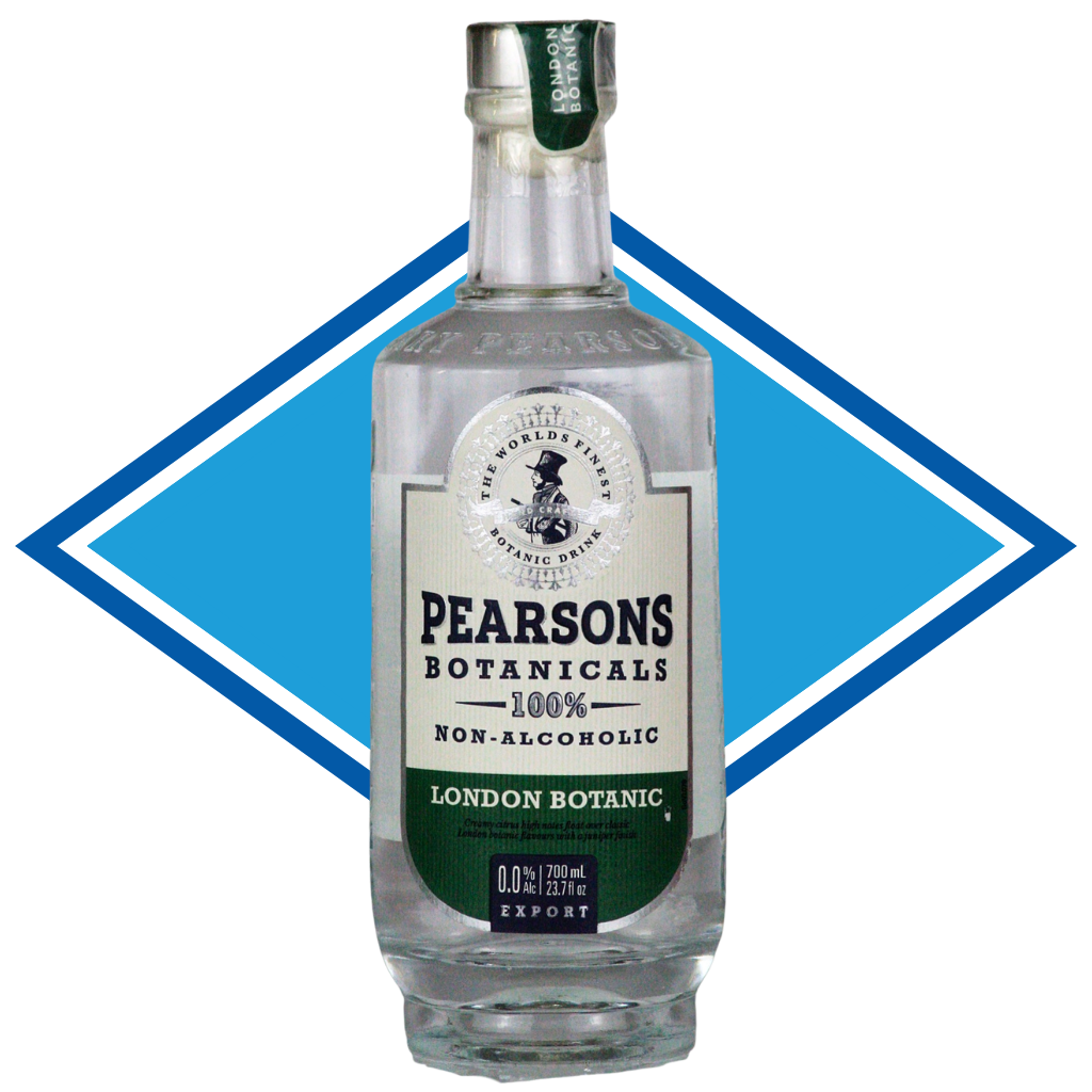 Pearsons Botanicals non-alcoholic gin bottle with a blue diamond shape in the background