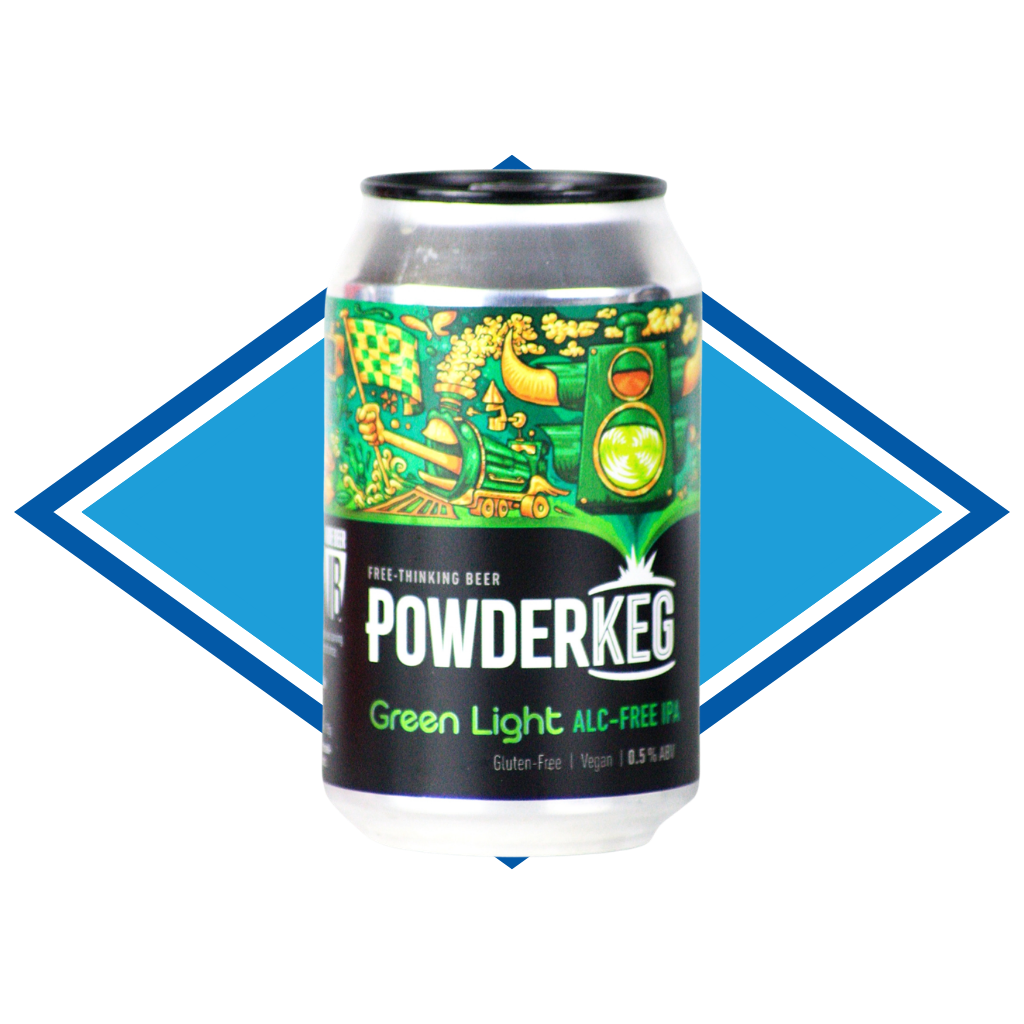 Can of Powderkeg Green Light IPA in front of the Alcohol Free Drinks Company blue diamond. 