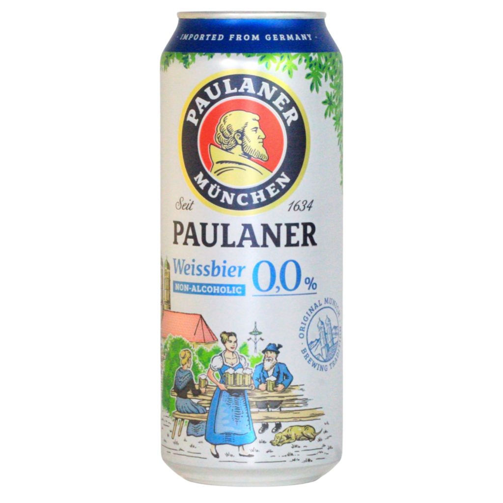 Paulaner non-Alcoholic Weissbier can on a white background. A 0.0% ABV Beer