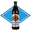 Bottle of Paulaner Weißbier 0.0% on a white background with a blue diamond shape.