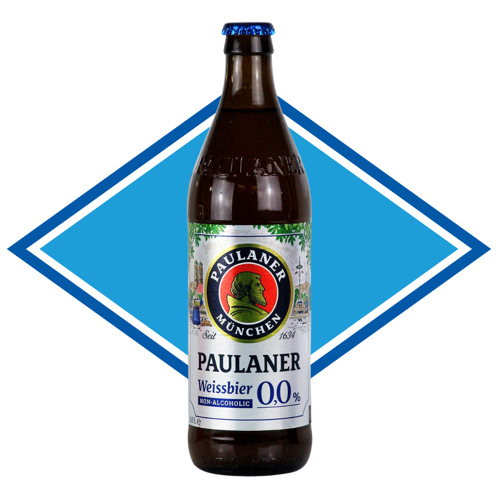 Bottle of Paulaner Weißbier 0.0% on a white background with a blue diamond shape.
