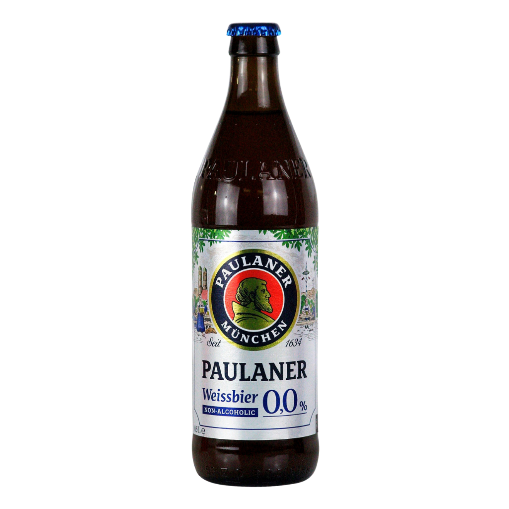 Bottle of Paulaner Weißbier 0.0% on a white background
