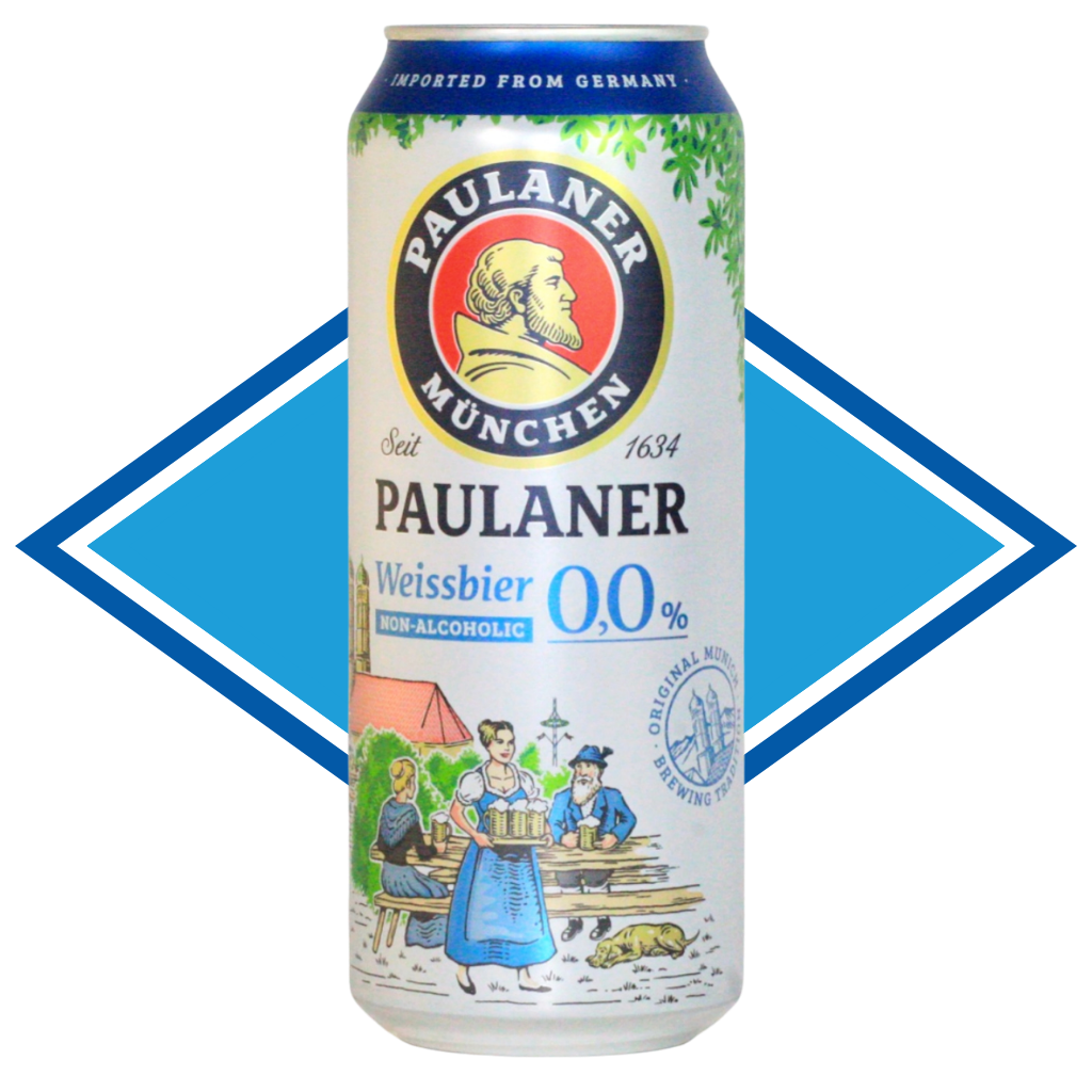 White can of Paulaner Weissbier in front of the Alcohol Free Drinks Company blue diamond. Paulaner Weissbier 0.0% Alcohol Free wheat beer