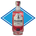 A bottle of Pearsons Botanicals 100% Non-Alcoholic Rhubarb & Ginger spirit, featuring a pink liquid inside a clear glass bottle with a cream and red label, set against a blue and white diamond graphic background.