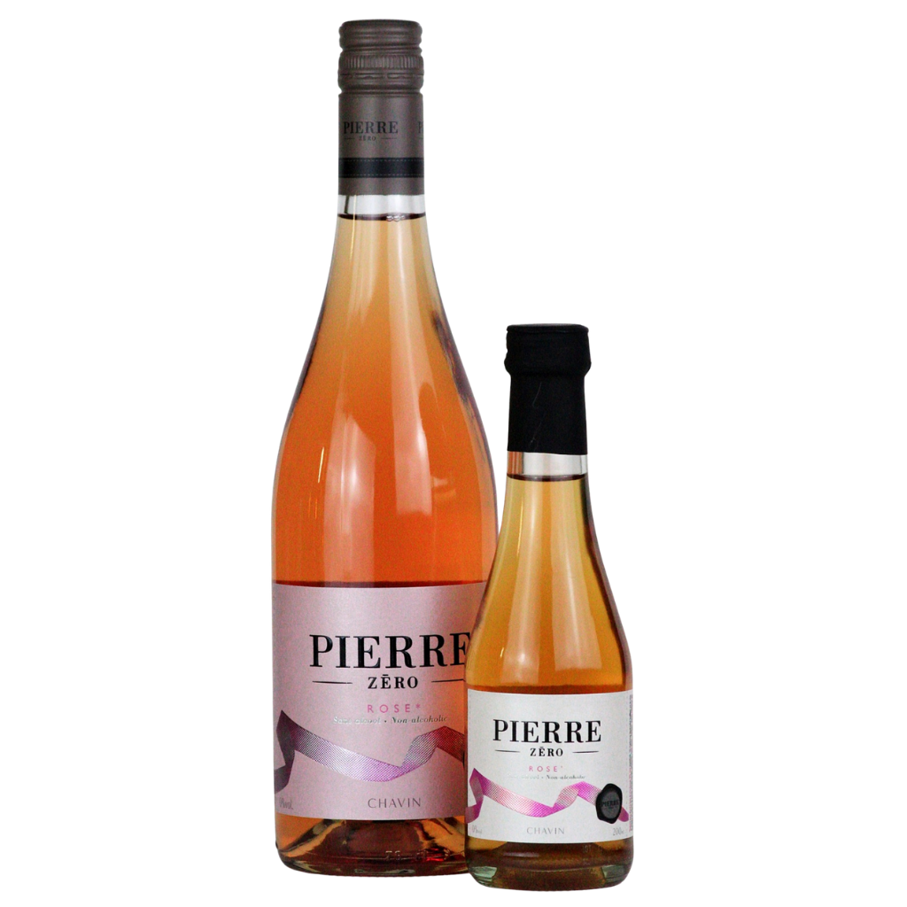 Two bottles of Pierre Zéro Alcohol Free Rose wine 20cl and 75cl on a white background