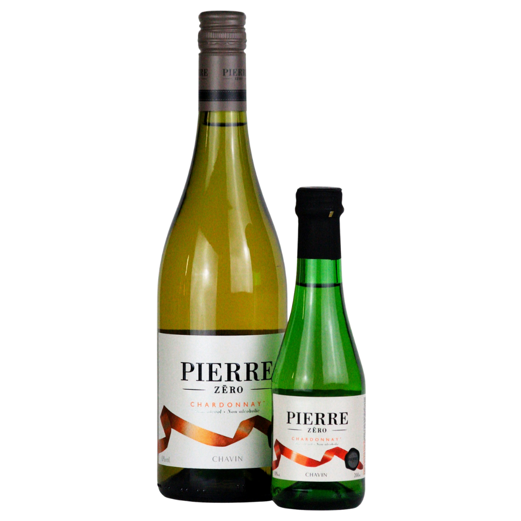 Two bottles of Pierre Zéro Non Sparkling Alcohol Free Chardonnay, one 75cl and one 20cl, on a white background