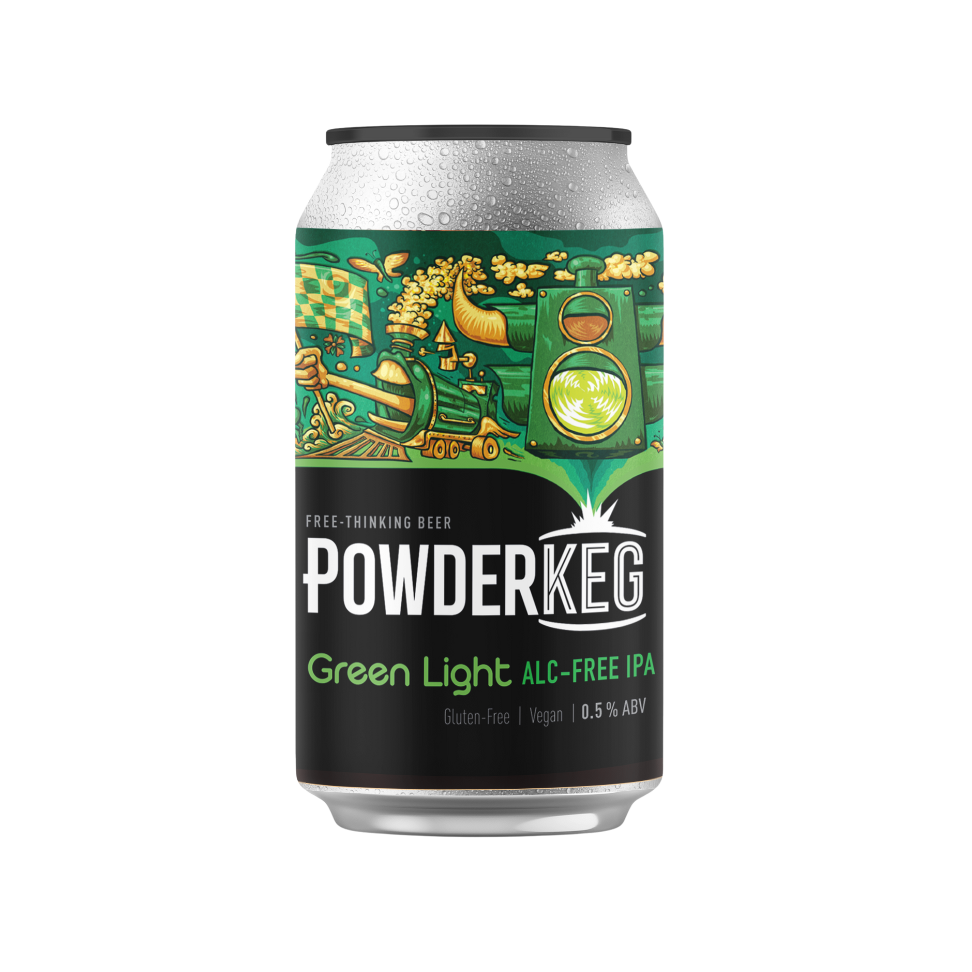 Powderkeg Green Light Alcohol Free IPA can on a white background. It is Gluten Free and Vegan.
