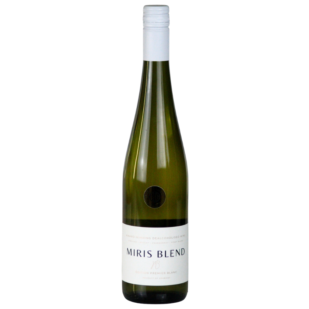 A bottle of Miris Blend white wine in a dark green glass bottle with a white label and white screw cap, centered on a plain white background.