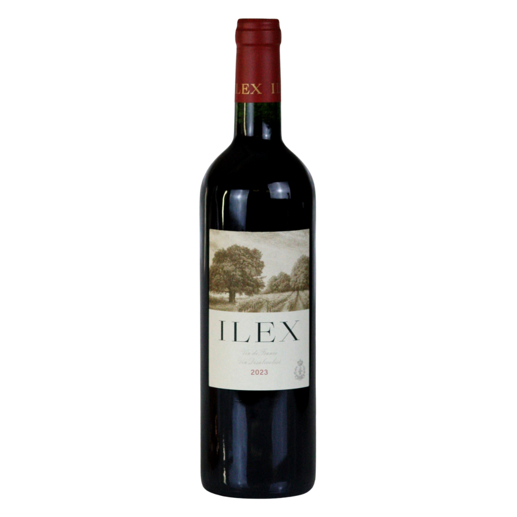 A bottle of Ilenx Red Blend red wine with a cream-colored landscape label and a dark red foil capsule at the neck, isolated on a white background. The only Alcohol Free wine from Saint-Émilion