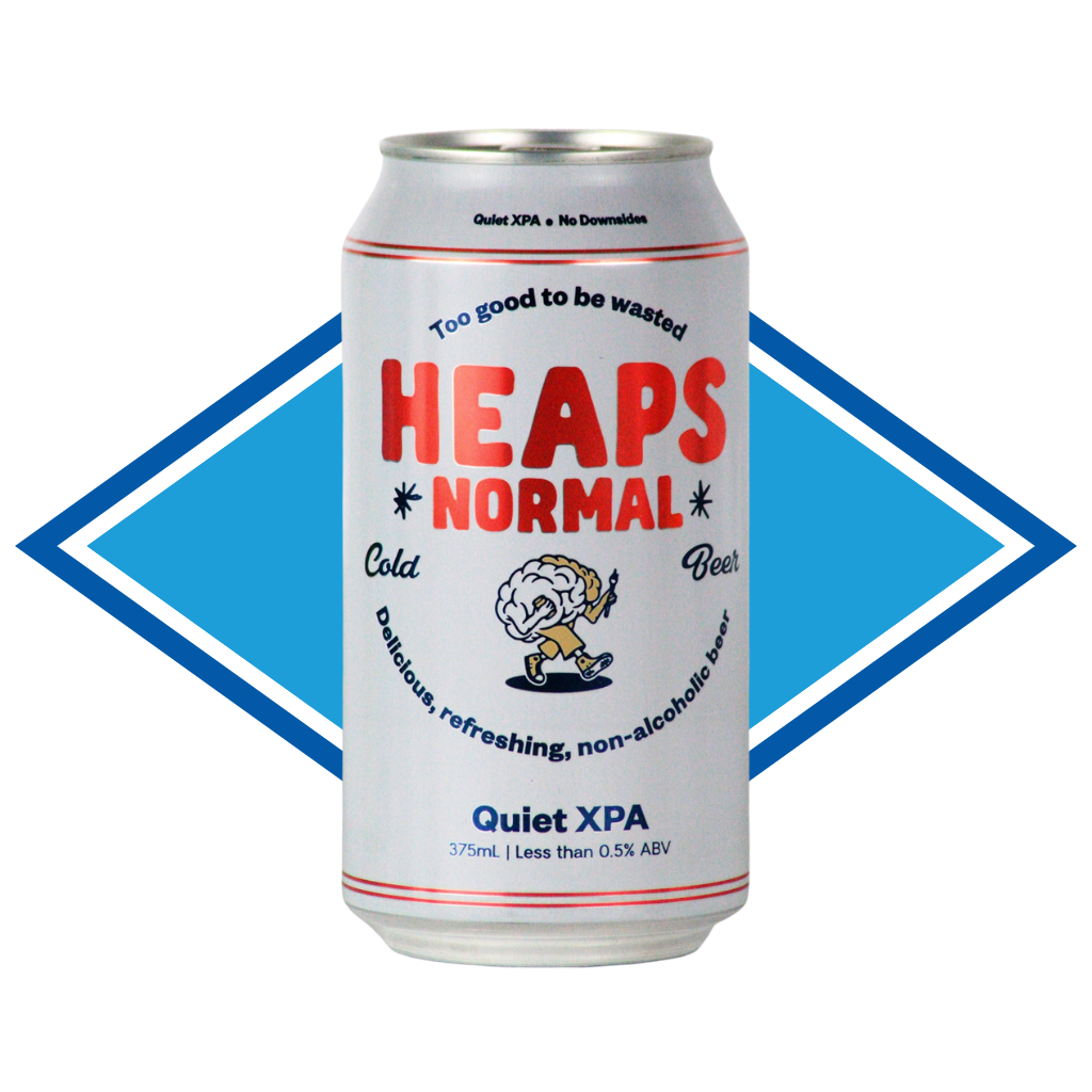 Can of Heaps Normal Quiet XPA in front of the Alcohol Free Drinks Company blue diamond. 