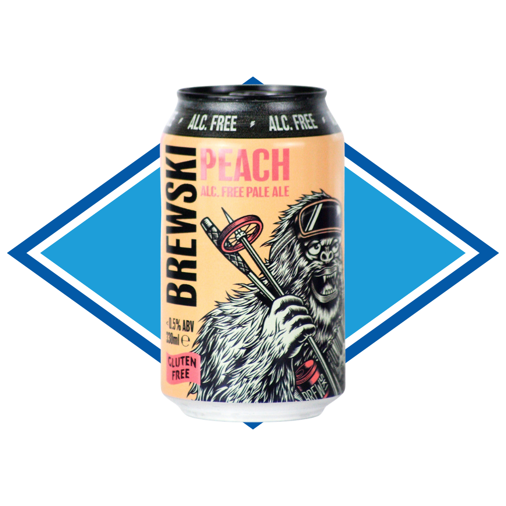 Brewski Alcohol Free Peach Ale can with a bear graphic on a blue diamond background