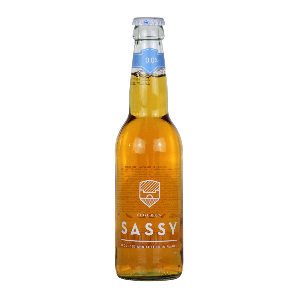 Sassy Cider clear bottle with white writing on a white background. 0.0%ABV label around the neck in blue