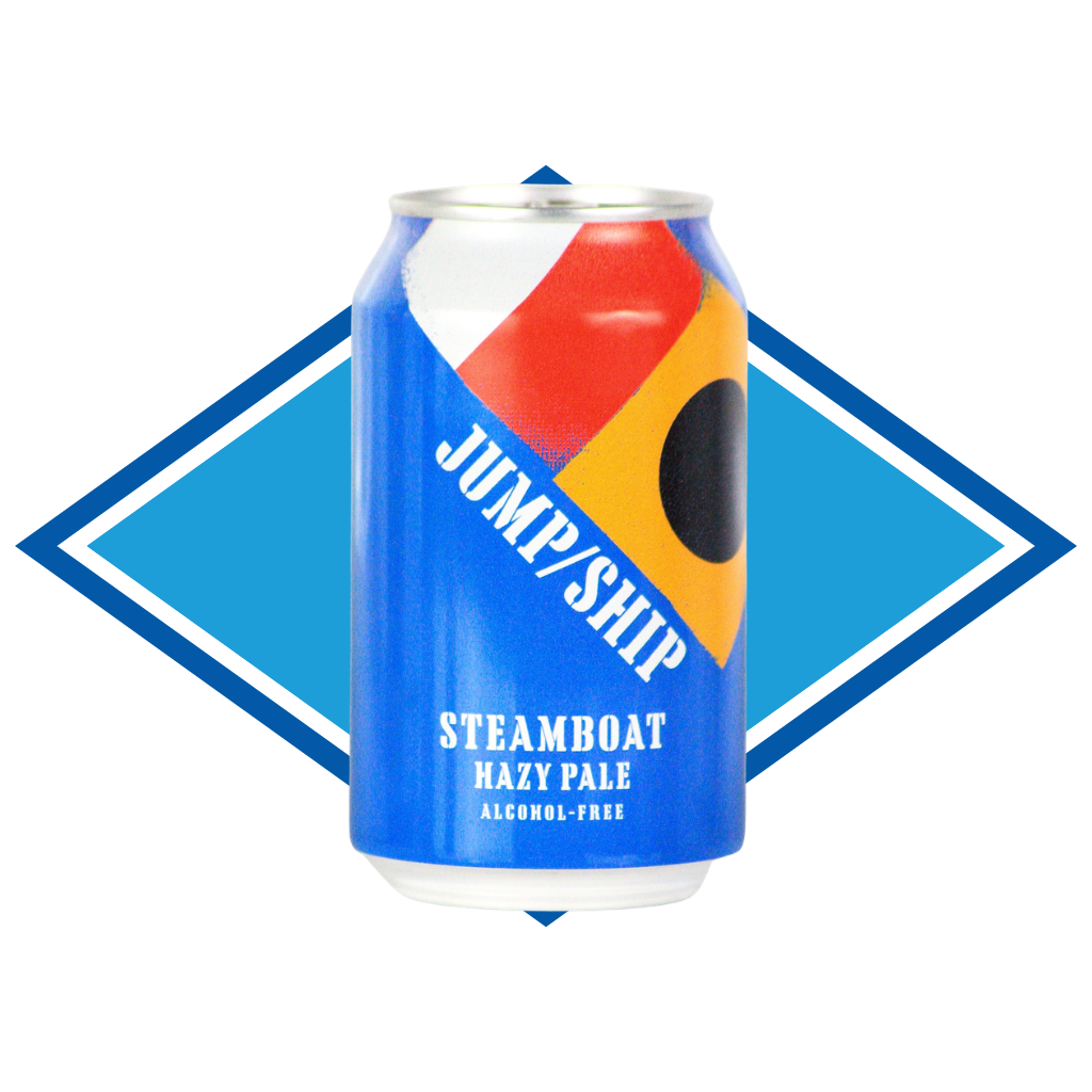 Can of Steamboat Hazy Pale in front of The Alcohol Free Drinks blue diamond.