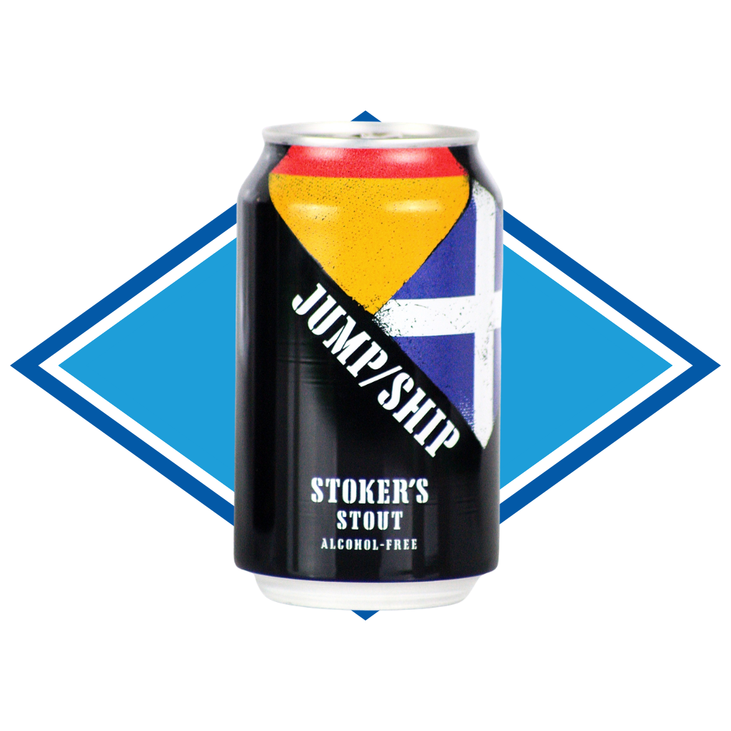 Can of Stokers Stout in front of The Alcohol Free Drinks blue diamond.