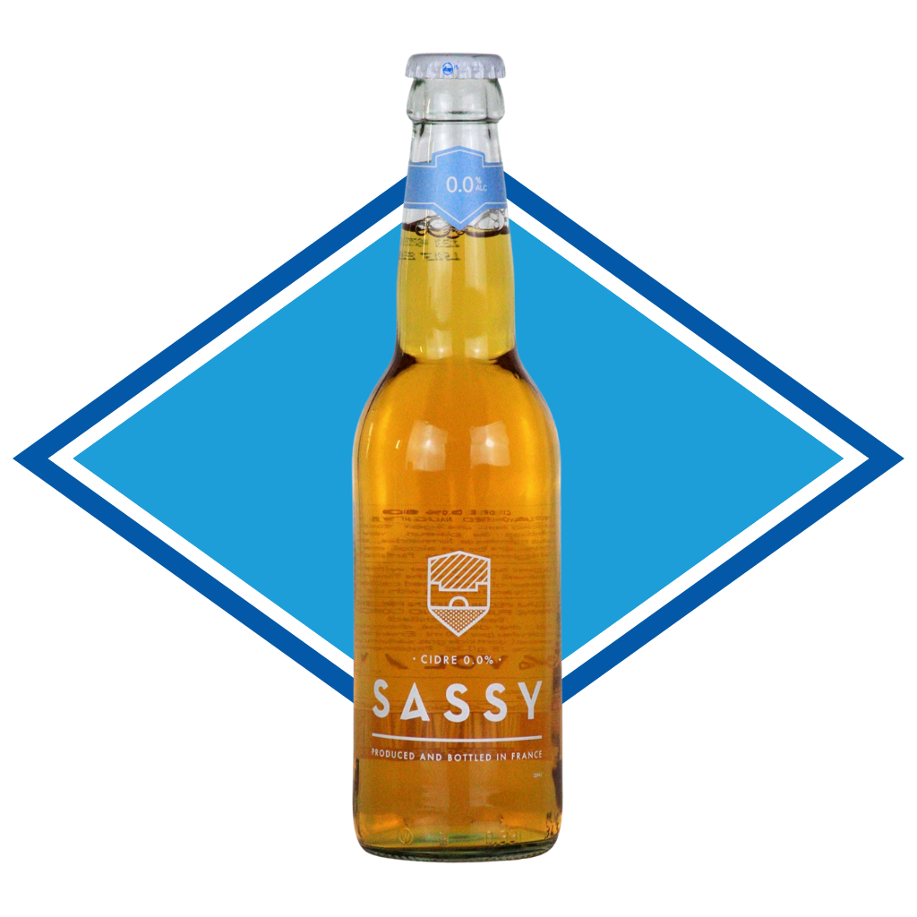 Sassy alcohol free cider bottle with a blue diamond shape overlay