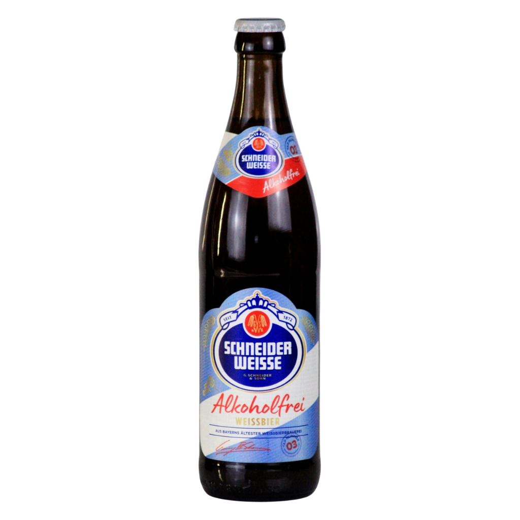 A bottle of Schneider Weisse Alkoholfrei non-alcoholic beer, featuring a dark brown glass bottle with a blue, white, and red label, set against a plain white background.