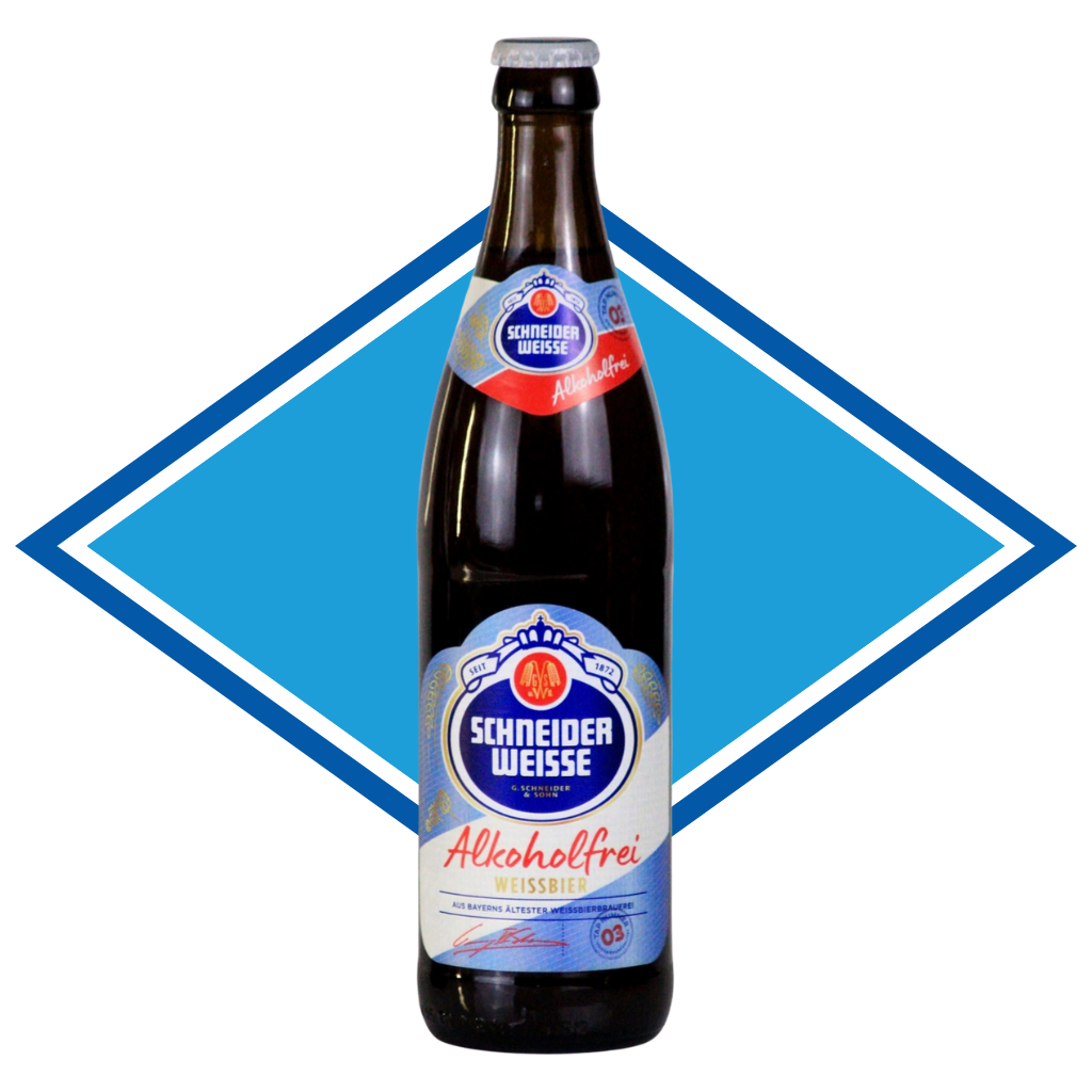 A single bottle of Schneider Weisse Alkoholfrei non-alcoholic beer centered on a blue and white diamond-shaped graphic background.