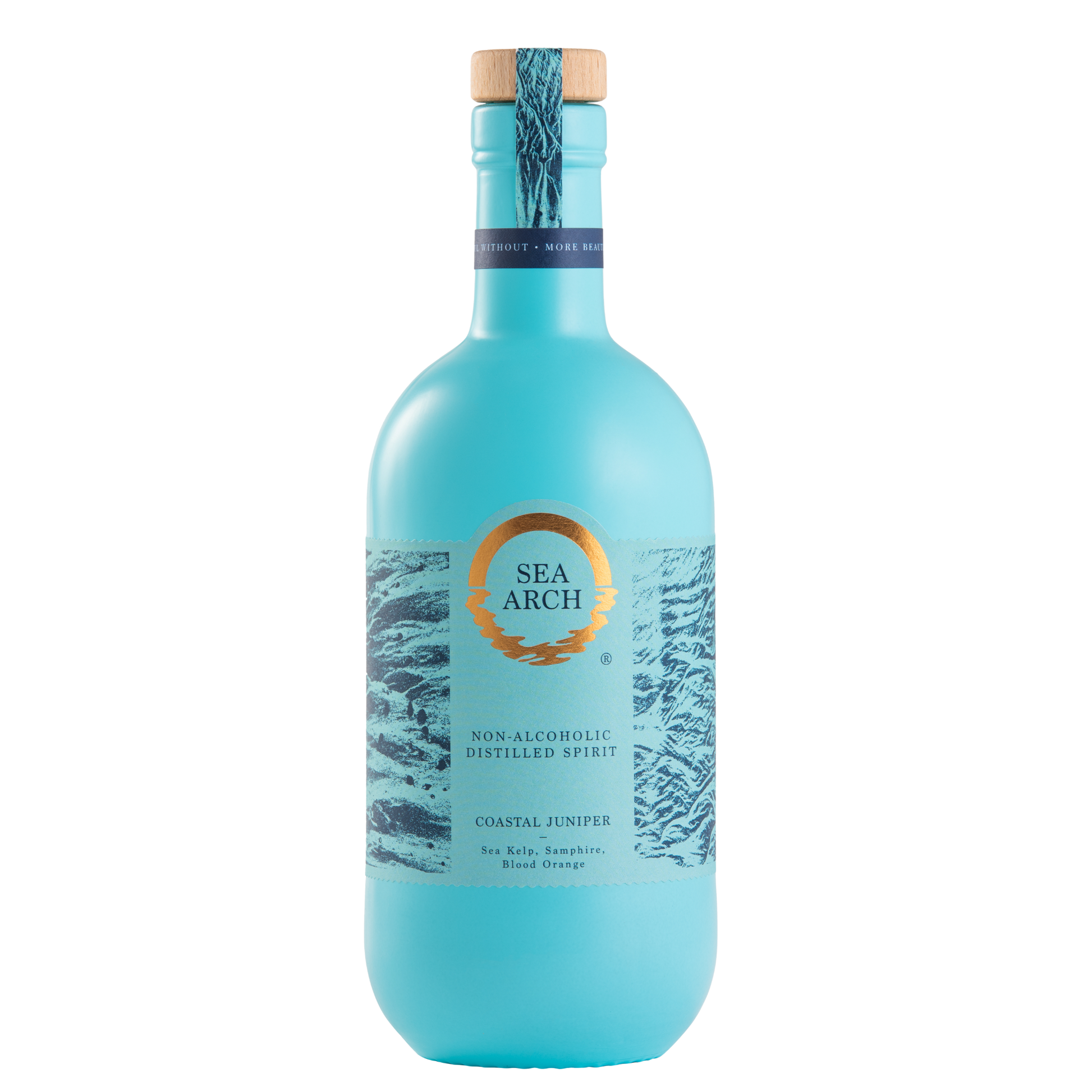 Blue bottle of Sea Arch non-alcoholic distilled spirit on a white background