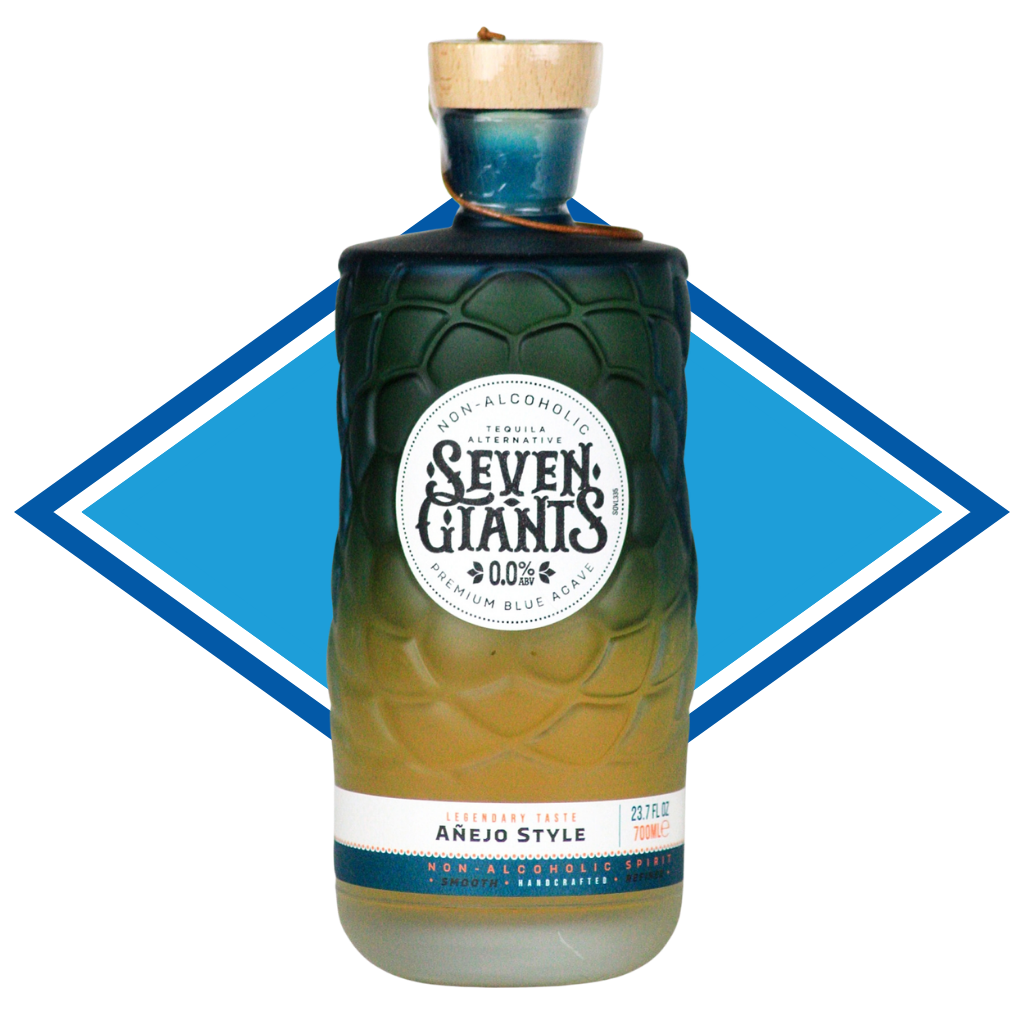 Bottle of Seven Giants non-alcoholic tequila with a blue diamond graphic in the background