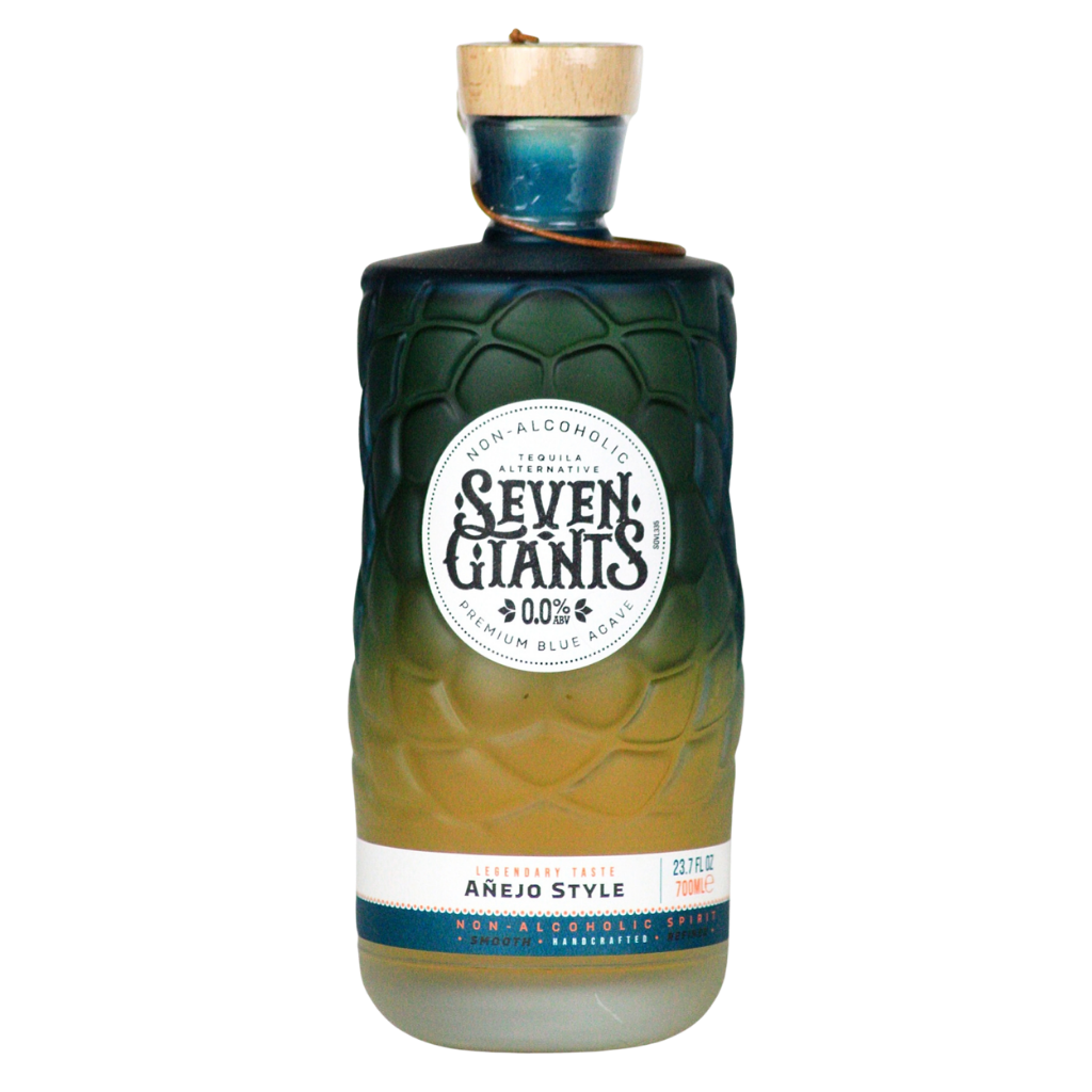 Bottle of Seven Giants non-alcoholic tequila on a white background. ooze Free Tequila